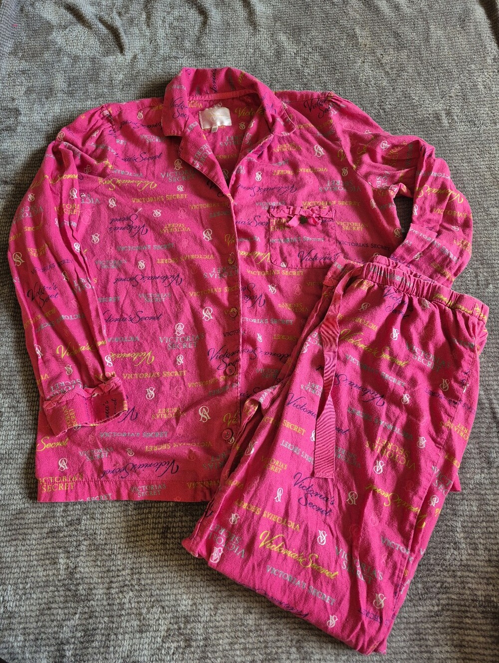 Victoria's Secret PINK Women's Flannel Cotton Logo Pajama Set Button-Up Sz L
